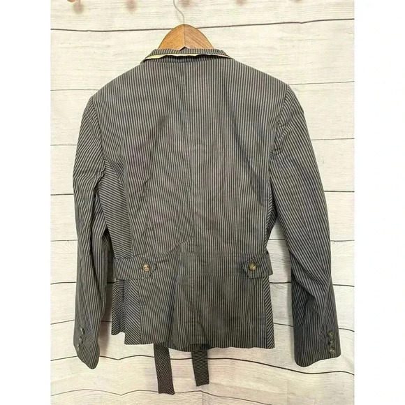 Apostrophe Women's Striped Jacket Size 12 Navy Button-Up Belted Waist - Picture 5 of 10